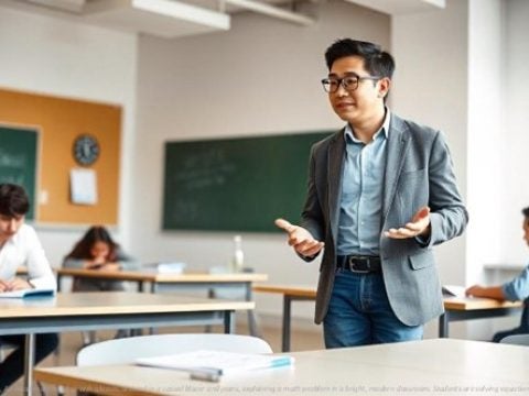 An-Asian-male-teacher-with-glasses-dressed-in-a-casual-blazer-and-jeans-explaining-a-math-problem-in-a-bright-modern-classroom.-Students-are-solving-equations-at-their-desks